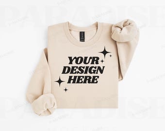 Gildan SF000 Sand Sweatshirt Mockup, Folded Flat Lay Mock Up, Softstyle Beige Tan Crewneck Sweater Flatlay Mock, Real Photo POD Mockups