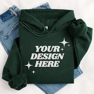 Gildan 18500 Forest Hoodie Mockup, Vikt Flat Lay Hoodie Mockup, Mörkgrön G18500 Flatlay POD Mockups, Stylad Tröja Mockup