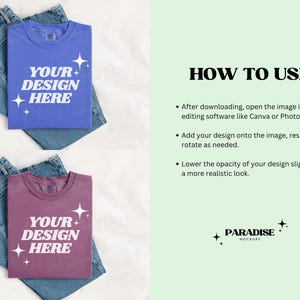 May include: Two t-shirts, one flo blue and one berry, each with the text "YOUR DESIGN HERE" in white. The shirts are laid on top of denim jeans. The image also includes instructions on how to use the design and the Paradise Mockups logo.