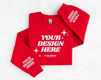 Gildan 18000 Red Sweatshirt Sleeve Mockup, Flat Lay Crewneck Mock Up, Simple Clean Folded Sweater Mock-up, G180 POD Sleeve Print Mockups