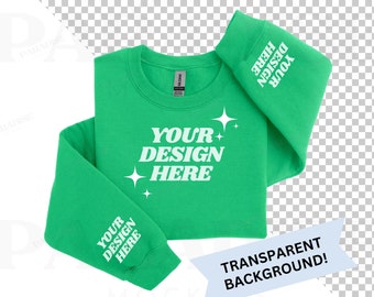 Gildan 18000 Irish Green Sleeve Print Mockup, Transparent Background Mock, Folded Sweatshirt Flat Lay Mock-up, PNG Sweater Flatlay Mockups