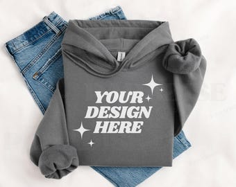 Gildan 18500 Charcoal Hoodie Mockup, Folded Flat Lay Hooded Sweatshirt Mock Up, Styled Grey Sweater Mock-up, Gray G18500 Flatlay POD Mockups