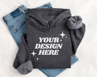 Gildan 18500 Dark Heather Hoodie Mockup, Folded Flat Lay Hooded Sweatshirt Mock Up, Styled Grey Sweater Mock-up, Gray G18500 Flatlay Mockups