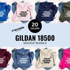 May include: A mockup bundle showcasing eight Gildan 18500 hoodies in various colours, each with the text "YOUR DESIGN HERE". The hoodies are presented on denim jeans. The image also includes the text "20 COLORS" and "GILDAN 18500 MOCKUP BUNDLE".