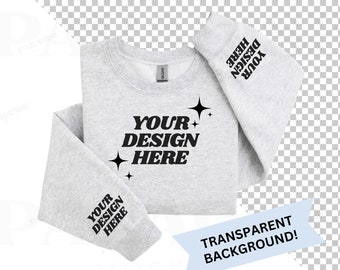 Gildan 18000 Ash Sleeve Print Mockup, Transparent Background Grey Mock Up, Folded Gray Sweatshirt Flat Lay Mock-up, PNG Flatlay Mockups