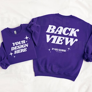 Gildan 18000 Purple Sweatshirt Front & Back Mockup, Folded Flat Lay Crewneck Mock Up, Flatlay Sweater G180 Mock-Up, Simple Dual View Mockups