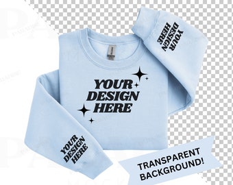 Gildan 18000 Light Blue Sleeve Print Mockup, Transparent Background Mock Up, Folded Sweatshirt Flat Lay Mock-up, PNG Sweater Flatlay Mockups