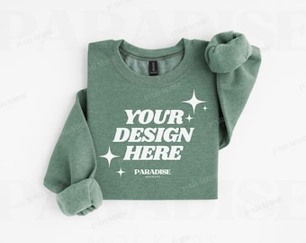 Gildan 18000 Heather Dark Green Sweatshirt Mockup, Folded Crewneck Flat Lay, Real Photo G180 Sweater, Simple Clean POD Mockups