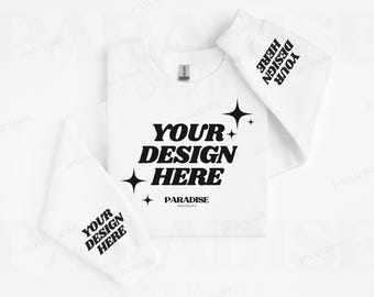Gildan 18000 White Sweatshirt Sleeve Mockup, Flat Lay White Crewneck Mock Up, Simple Clean Folded Sweater Mock-up, G180 Sleeve Print Mockups