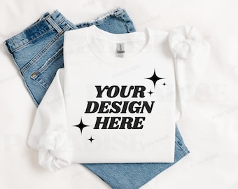 Gildan 18000 White Sweatshirt Mockup, Folded Flat Lay Crewneck Mock Up, Simple Styled Mockups, Flatlay Sweater G180 Mock-up, G18000 Mockup