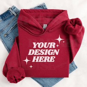 Gildan 18500 Cardinal Red Hoodie Mockup, Folded Flat Lay Hooded Sweatshirt Mock Up, G18500 Flatlay POD Mockups, Styled Sweater Mock-up