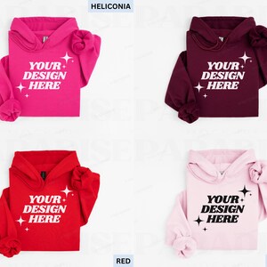 May include: Four hoodies in different colors: Heliconia, Maroon, Red, and Light Pink. Each hoodie has a hood, long sleeves, and the text "YOUR DESIGN HERE" in white. The hoodies are displayed on a white background.