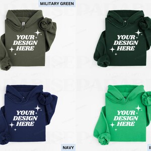 May include: Four hoodies in different colors: military green, forest green, navy, and Irish green. Each hoodie has the text "YOUR DESIGN HERE" in white. The hoodies are folded with the sleeves and hood visible.