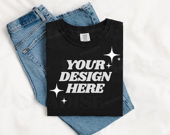Comfort Colors 1717 Black mockup, mock-up gevouwen flatlay T-shirt, eenvoudig gestileerde flatlay T-shirt mock-up, trendy mock-up gevouwen T-shirt