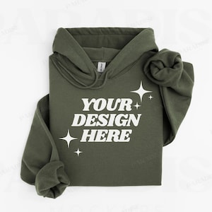 Gildan 18500 Military Green Hoodie Folded Mockup, Flat Lay Hooded Sweatshirt Mock Up, Simple Clean Sweater G185 Mock-up, G18500 Mockups