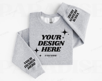 Gildan 18000 Sport Grey Sweatshirt Sleeve Mockup, Flat Lay Crewneck Mock Up, Simple Clean Folded Sweater Mock-up, Gray Sleeve Print Mockups
