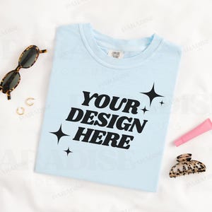 Comfort Colors 1717 Chambray T-Shirt Mockup, Folded Flat Lay Blue TShirt Mock Up, Trendy Flatlay Mockups, Tee Shirt Mock-Up, Real Photo Mock