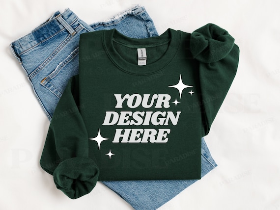 Gildan 18000 Forest Sweatshirt Mockup, Folded Green Flat Lay Crewneck Mock Up, Simple Styled Mockups, Gildan Flatlay Sweater G180 Mock-up