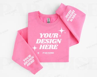 Gildan 18000 Safety Pink Sweatshirt Sleeve Mockup, Flat Lay Crewneck Mock Up, Simple Folded Sweater POD Mock-up, G180 Sleeve Print Mockups