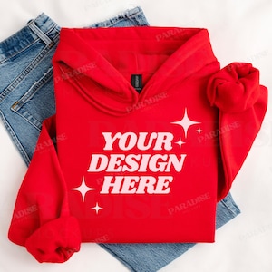 Gildan 18500 Red Hoodie Mockup, Folded Flat Lay Hooded Sweatshirt Mock Up, Simple Styled Sweater Mock-up, G18500 Flatlay POD Mockups