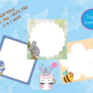 May include: Printable memo pad with three different designs. The first design features a penguin, the second design features a koala, and the third design features a bee and a flower. Each design is on a 7.6 x 7.6 cm square.