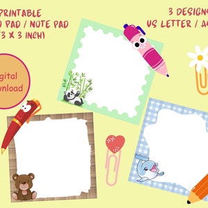 Puede incluir: Blocs de notas imprimibles de 7,6 x 7,6 cm, con tres diseños. Uno presenta un panda, otro un delfín y el tercero un oso. Incluye una opción de descarga digital. Los blocs son de tamaño US Letter y A4.
