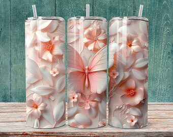 May include: Three stainless steel tumblers with a pink and white floral design and a butterfly. The tumblers have a clear lid and a straw.