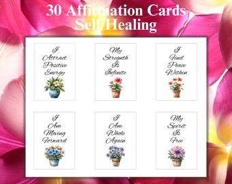 May include: Set of 30 affirmation cards with floral illustrations. The cards feature positive affirmations such as "I attract positive energy", "My strength is infinite", "I find peace within", "I am moving forward", "I am whole again", and "My spirit is free".