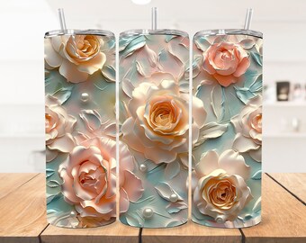 3D Roses & Pearls Tumbler Wrap: Seamless 20 oz PNG Design (Digital Download)
