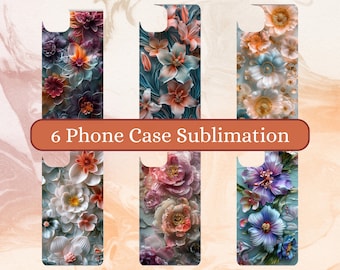 May include: Six phone case sublimation designs featuring various floral patterns. The designs include white, blue, pink, and purple flowers with intricate details.
