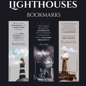 Peut inclure: Ensemble de trois marque-pages numériques imprimables représentant des illustrations en noir et blanc de phares avec des citations inspirantes. Les citations sont : "Si vous êtes un phare, vous ne pouvez pas vous cacher : Si vous vous cachez, vous ne pouvez pas être un phare !" de Mehmet Murat Ildan, "Elle est comme un phare tournant ; l'obscurité profonde alternant avec une brillance éblouissante !" de Henry James, et "Je ne connais pas d'autre édifice construit par l'homme aussi altruiste qu'un phare. Ils ont été construits uniquement pour servir." de George Bernard Shaw.