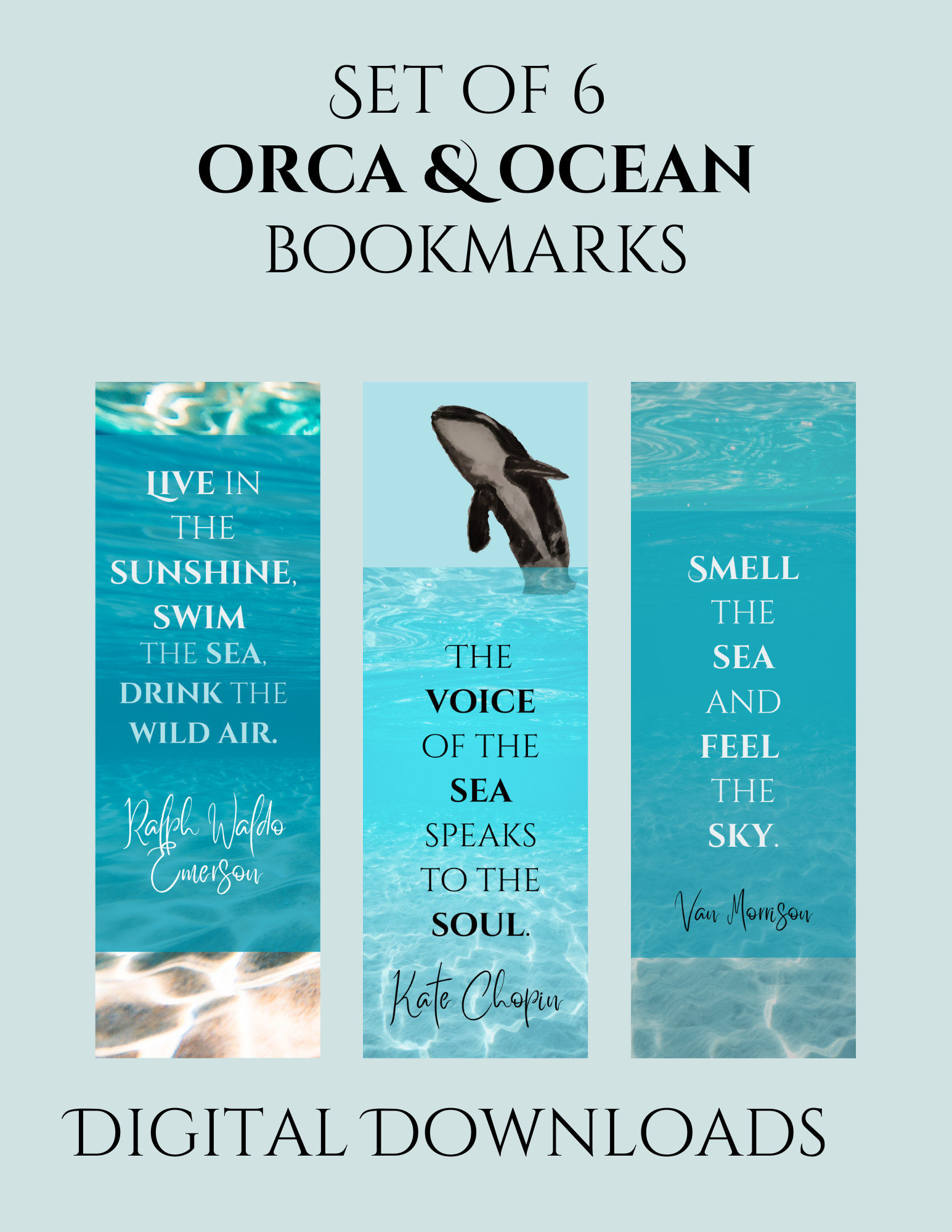Orca & Ocean Bookmarks, Set of 6, Digital Downloads, Hand