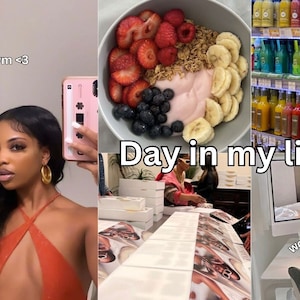 May include: A collage of images showing a day in the life of a person. The images include a selfie, a bowl of fruit and yoghurt, a grocery store aisle, a workspace with a computer, and a person working on a project.