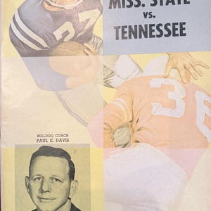 May include: Vintage football program cover featuring players in action, with the text "MISS. STATE vs. TENNESSEE." Includes a portrait of Bulldog Coach Paul E. Davis and game details: Crump Stadium, Memphis, October 6, 1962. The program is marked "OFFICIAL PROGRAM FIFTY CENTS."