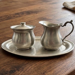 Pewter sugar and creamer with tray. Vintage by WEB.