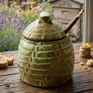May include: A handcrafted, green ceramic honey pot with a matching lid and a wooden honey dipper. The pot has a textured surface and sits on a rustic wooden table. A small jar of honey and bread slices are also visible.