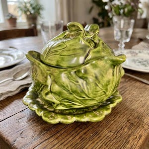 Green cabbage bowl with lid and plate.  MARKED DOWN 25%!