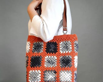 Handmade Orange Crochet Granny Square Bag: Retro Style Shoulder Bag