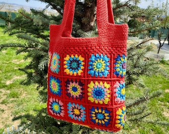 Red Crochet Granny Square Bag: Retro Boho Shoulder Bag