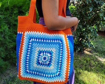Crochet Granny Square Shoulder Bag: Orange & Blue Retro Market Tote