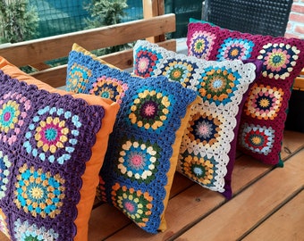 Handmade Granny Square Crochet Pillow Cover, Colorful Knit Cushion