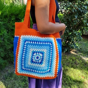 Orange Blue  Large Crochet Granny Square Shoulder Bag for the Beach or as a Chic Market bag in Retro Style