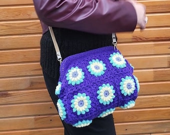 Purple Crochet Wooden Kiss Lock Clutch, Granny Square Bag Lined With Adjustable Strap, Handmade Vintage Style Clasp Pouch