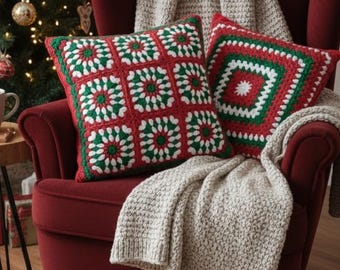 Handmade Christmas Granny Square Crochet Pillow Cover, 15 inch