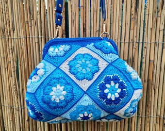 Blue Granny Square Crochet Clasp Clutch