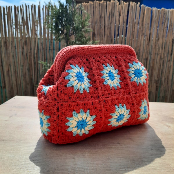 Coral Granny Square Crochet Clasp Clutch,Tote Bag, Sunflower Crochet Tote Bag, Colorful Boho Bag Gift For Her, Knitted Shoulder Bag