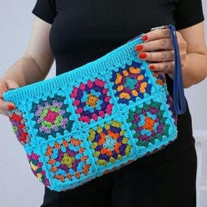 Blue handmade colorful crochet granny square clutch bag, large boho festival purse with zipper, retro hippie style crochet handbag