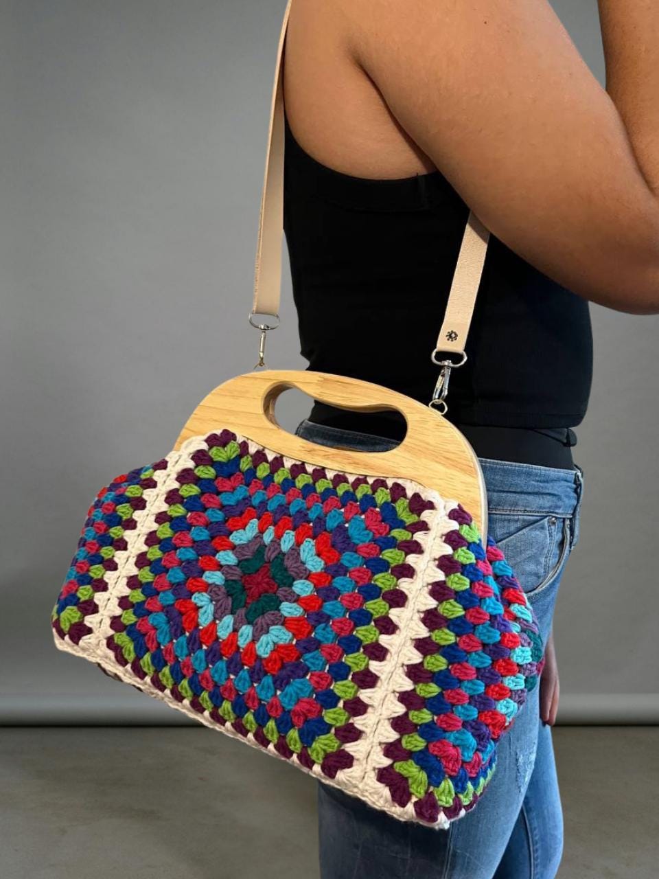 Crochet Granny Square Clutch, Wooden Handle Clasp Purse, Boho Bag