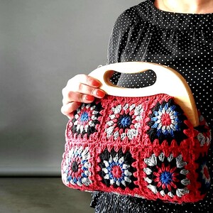 Cartera de mano con cierre de crochet, regalo para ella, cartera de abuela con cierre cuadrado, cartera de mano con cierre de beso de madera, bolso burdeos con asa de madera y forro