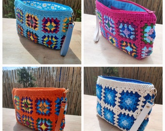 Granny Square Crochet Clutch, All Day Toiletry Pouch,Cosmetic Bag in Boho Style,zipper pouch